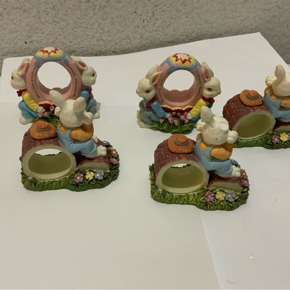 Set of 4 Easter Napkin Ring Holders Bunny Rabbit Sitting on Log Spring Resin G17 - Picture 4 of 8